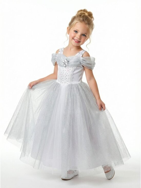 None Other - Girls Cinderella Princess Costume Dress White Silver Glitter Tulle Birthday Part